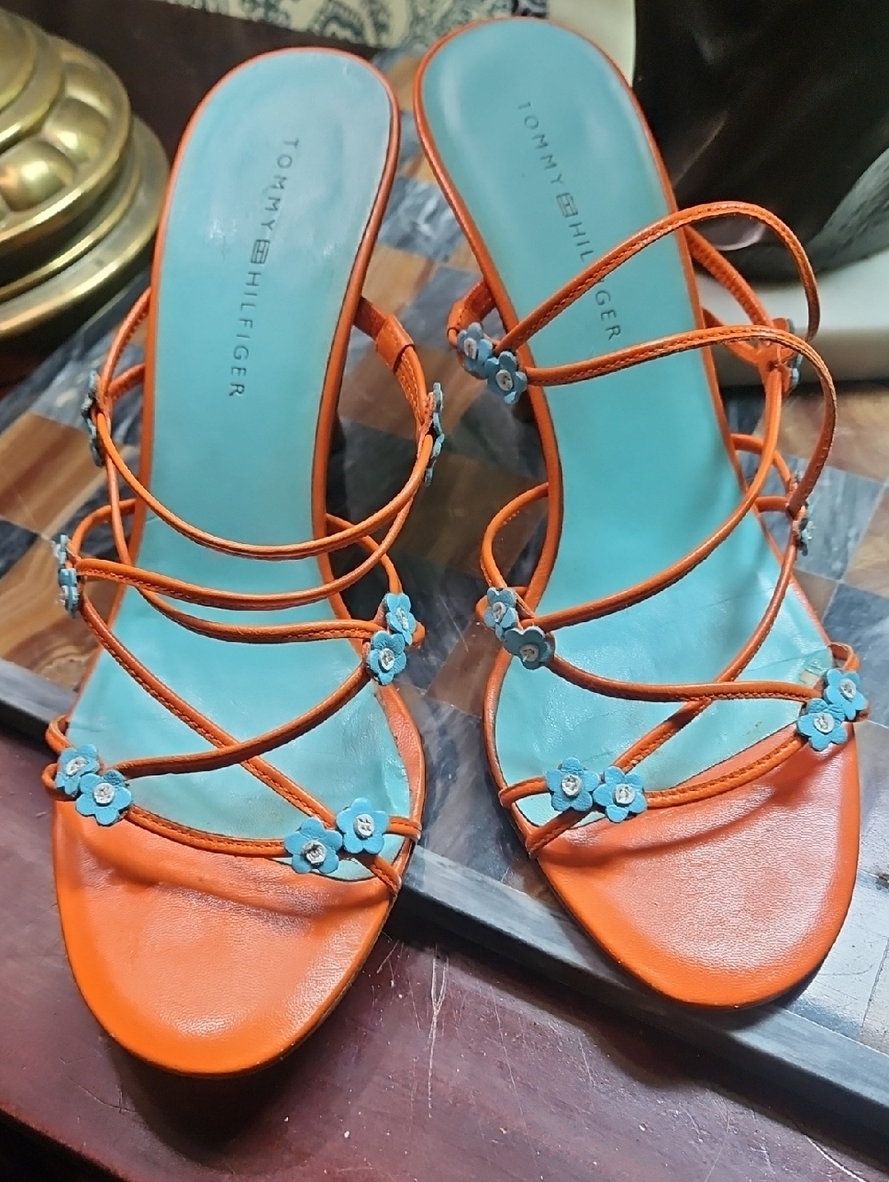 Vintage Tommy Hilfiger Orange Strappy Heels with Blue Insole and Floral Accents